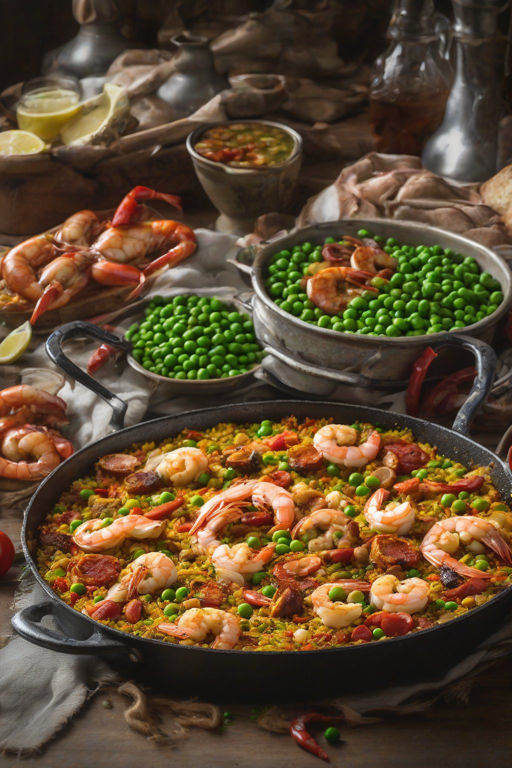 A high-resolution photo of traditional paella mixta with chicken, shrimp, chorizo, and peas in a socarrat-crusted pan under soft lighting.