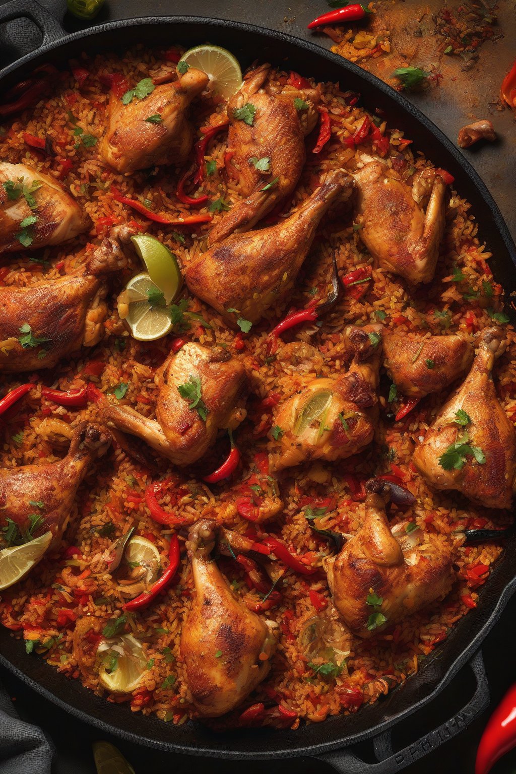 A high-resolution photo of smoky paprika chicken paella with fiery red peppers and charred rice edges under soft lighting.