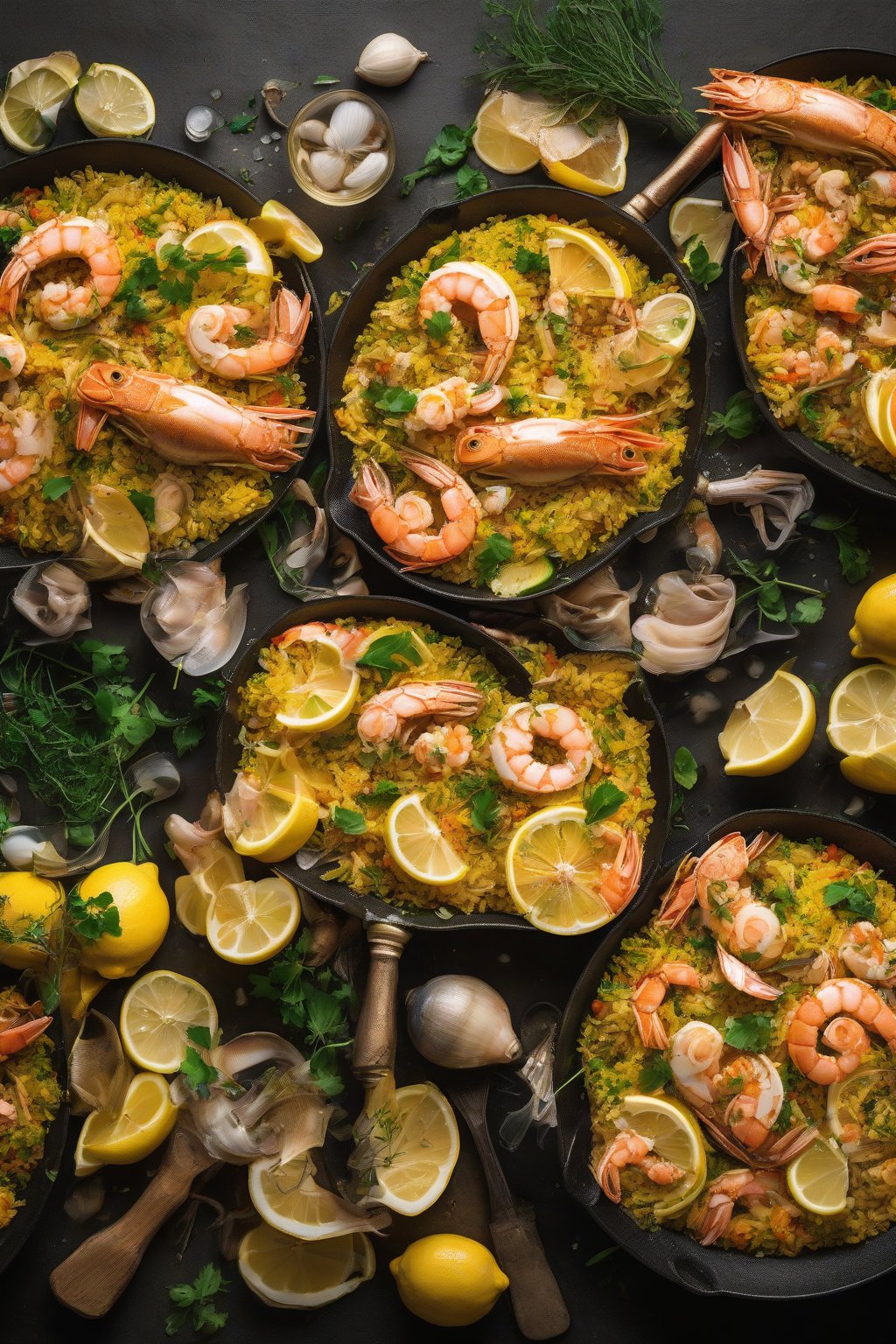 A high-resolution photo of lemon garlic seafood paella with bright citrus slices, flaky fish, and herb flecks under soft lighting.