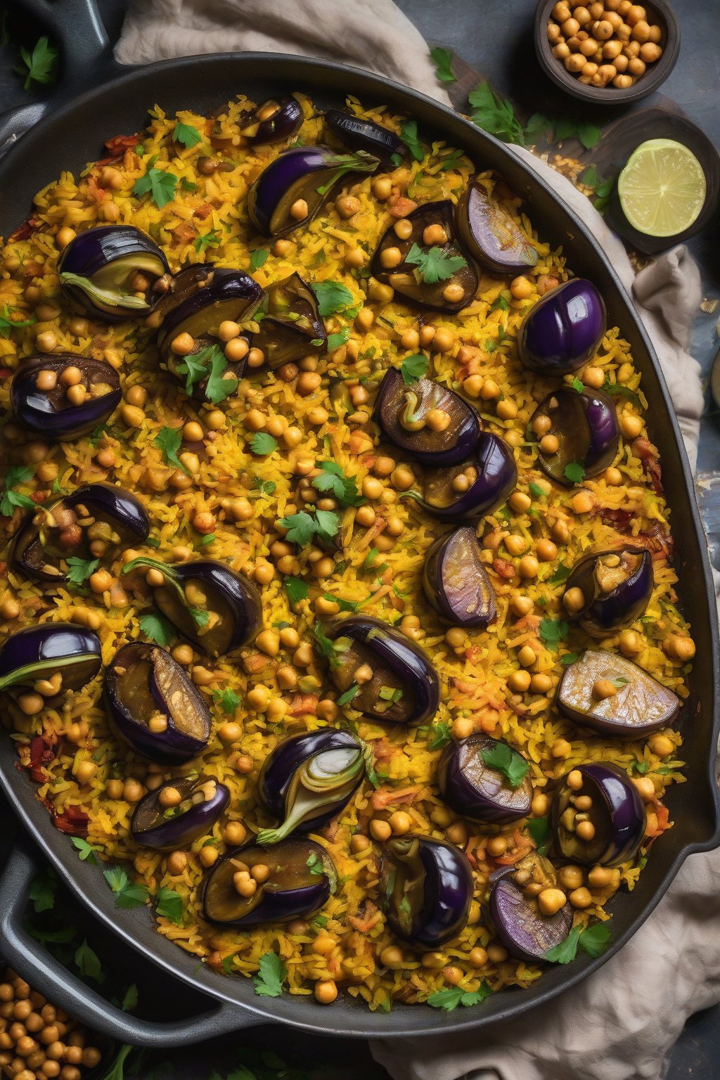 A high-resolution photo of vegan saffron paella with roasted eggplant, chickpeas, and golden saffron rice under soft lighting.