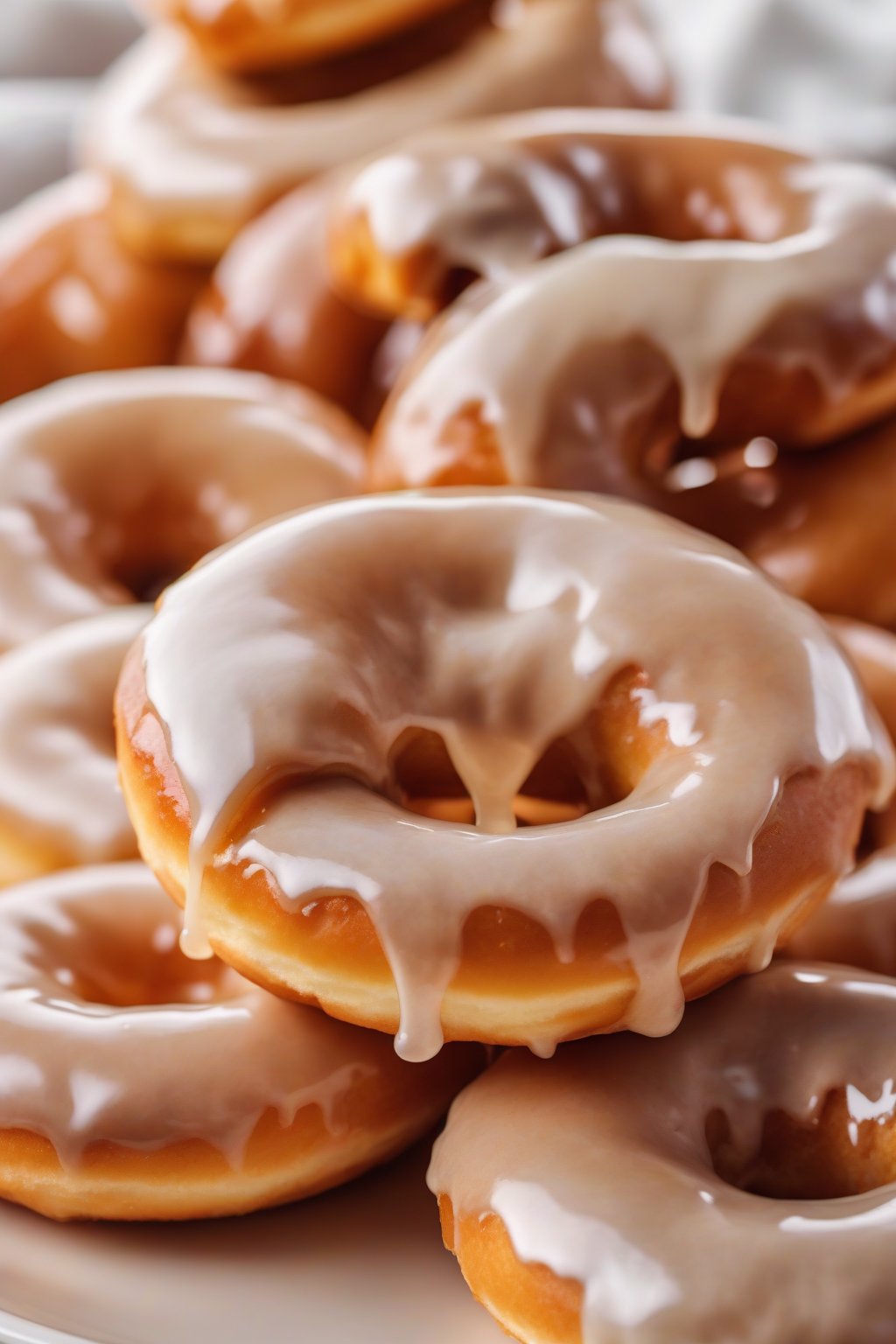 A high-resolution close-up photo of golden classic glazed fluffy donuts stacked on a white plate, dripping with shiny glaze, under soft lighting.