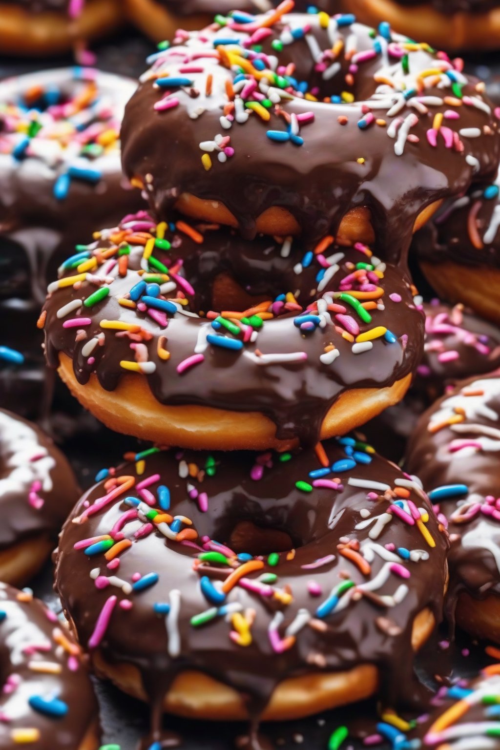 A high-resolution close-up photo of fluffy chocolate glazed donuts with glossy topping and colorful sprinkles, steam rising faintly, under soft lighting.