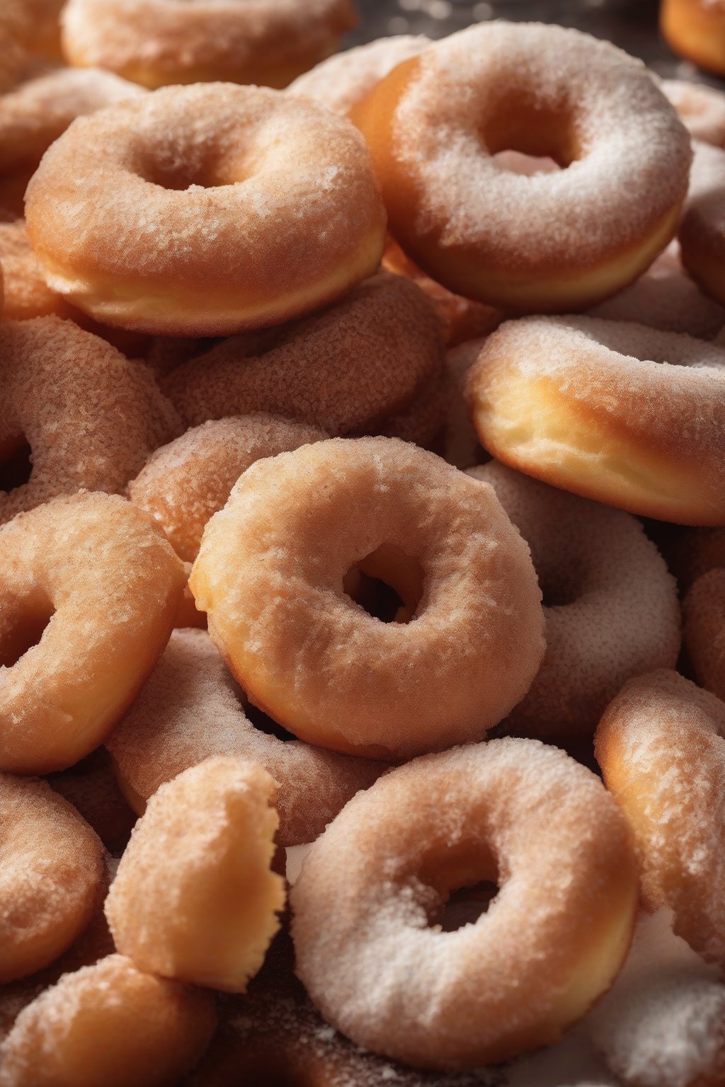 A high-resolution close-up photo of cinnamon sugar coated fluffy donuts piled high, sugar crystals sparkling, under soft lighting.