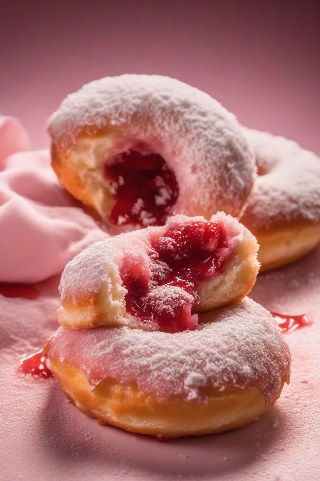 A high-resolution close-up photo of a halved strawberry filled fluffy donut oozing pink jam, powdered sugar dusting, under soft lighting.