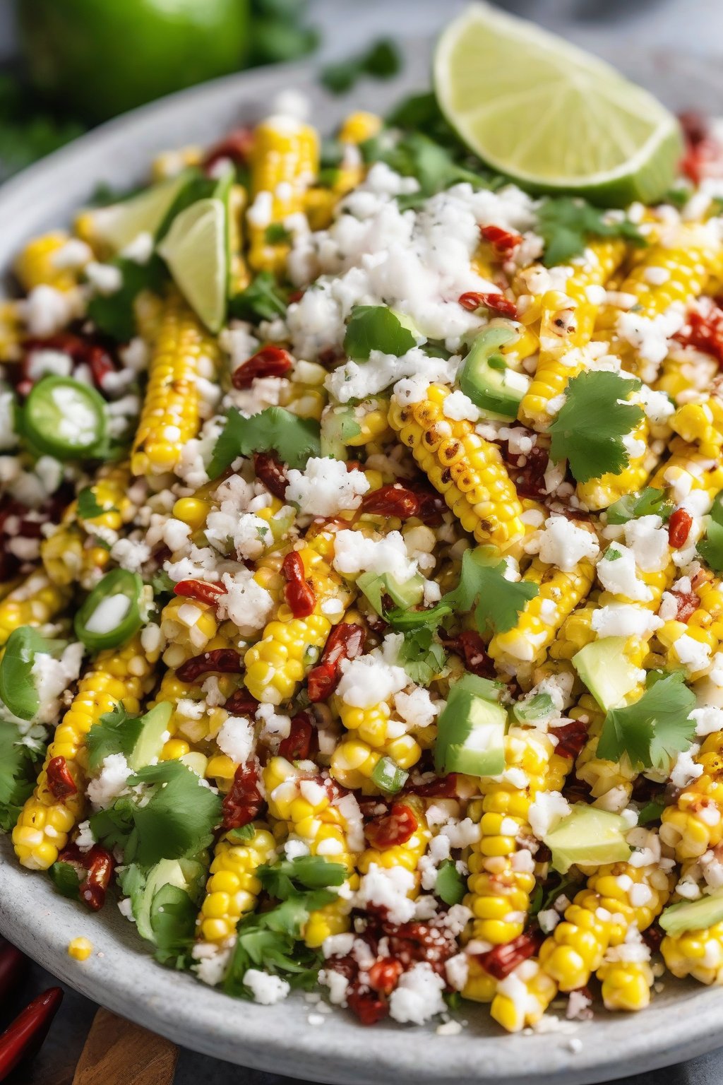 A high-resolution close-up photo of the smoky Mexican street corn salad topped with cotija and chili, lime wedges nearby under soft lighting.