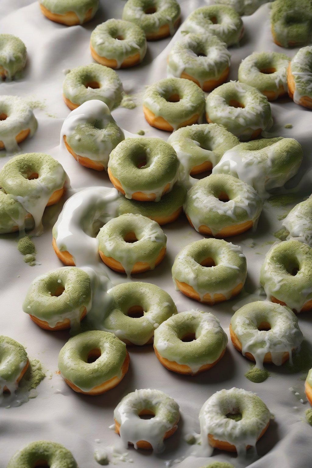A high-resolution close-up photo of green matcha fluffy donuts with white glaze drizzle, zen-like presentation, under soft lighting.