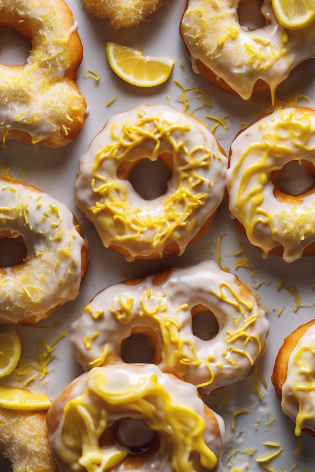 A high-resolution close-up photo of lemon zest fluffy donuts topped with tangy glaze and curls, vibrant yellow accents, under soft lighting.