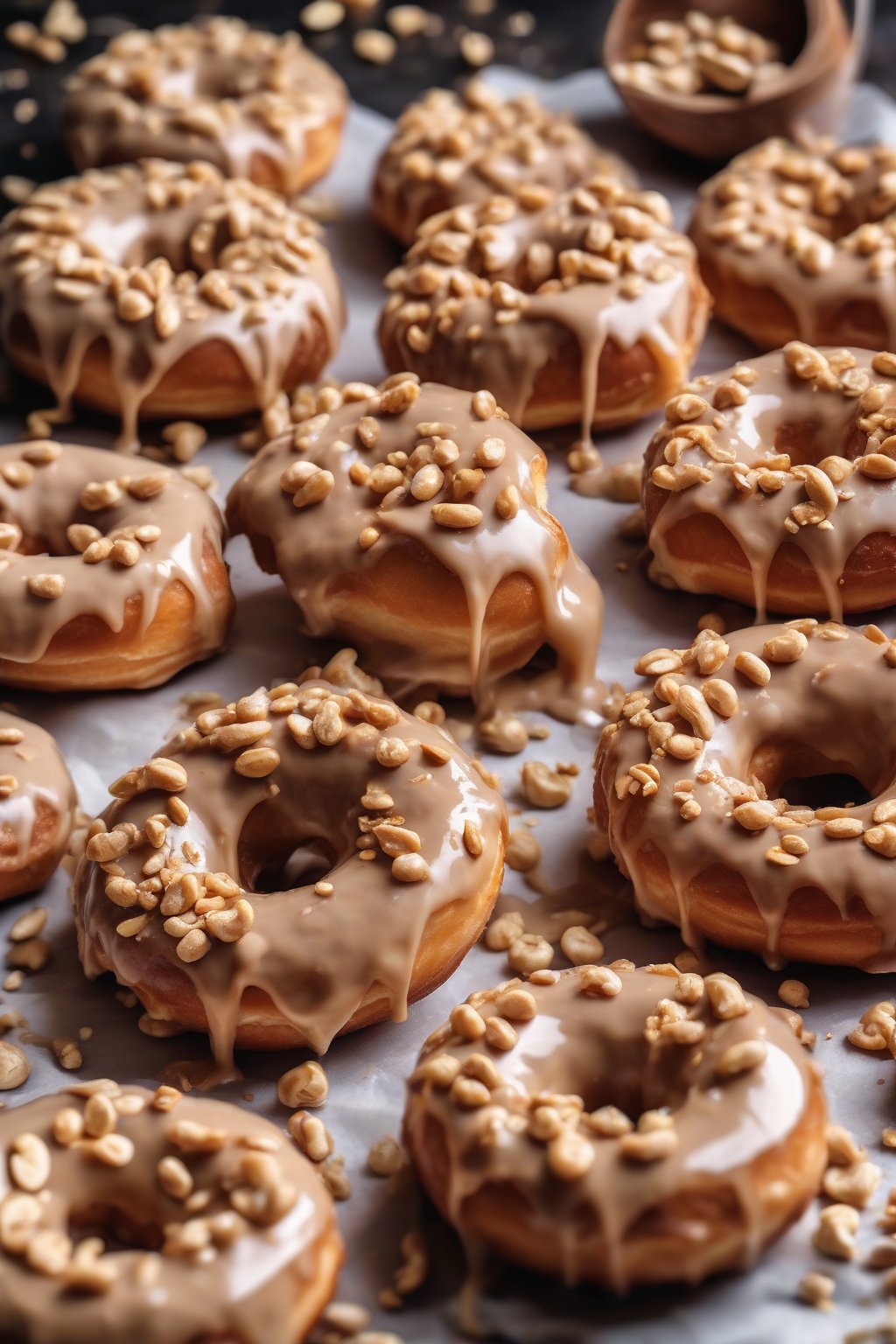 A high-resolution close-up photo of peanut butter glazed fluffy donuts with crushed peanuts, gooey texture visible, under soft lighting.