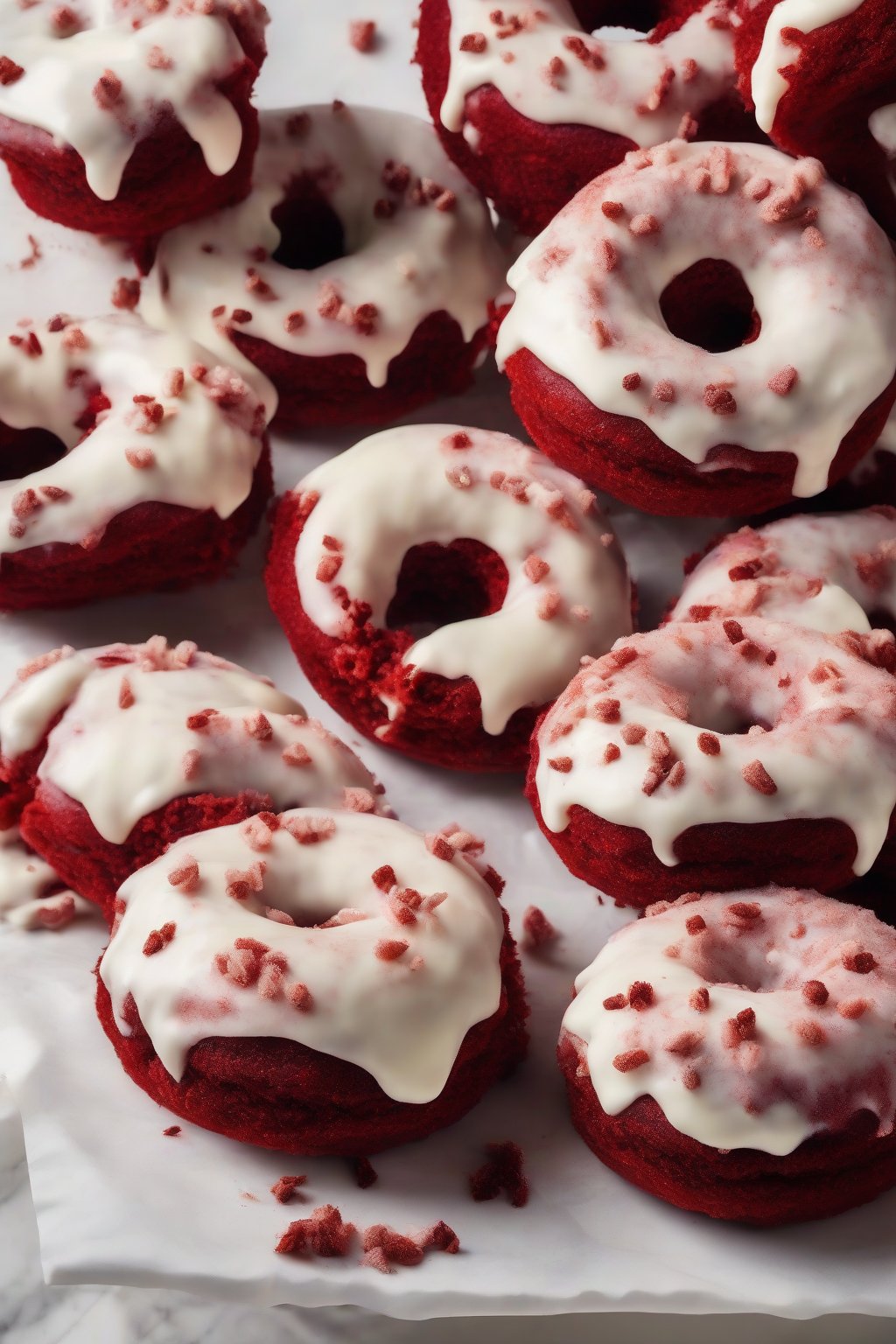 A high-resolution close-up photo of red velvet fluffy donuts with cream cheese icing swirl, cake-like crumb, under soft lighting.