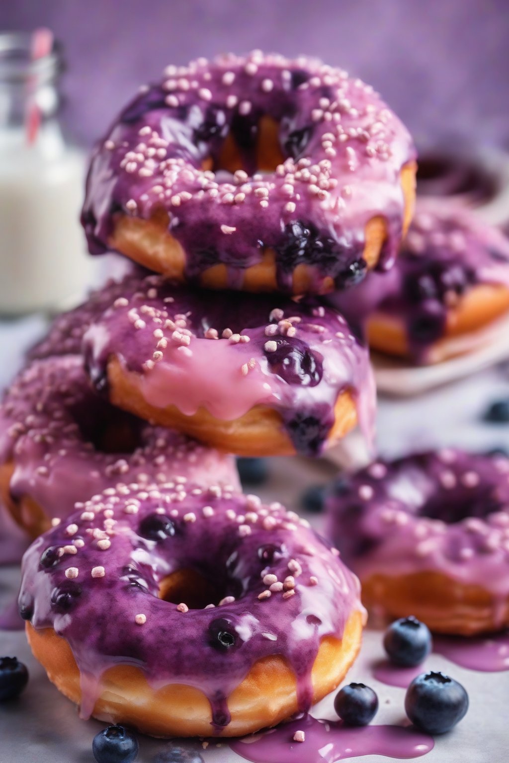 A high-resolution close-up photo of blueberry studded fluffy donuts, juice staining the crumb purple, under soft lighting.