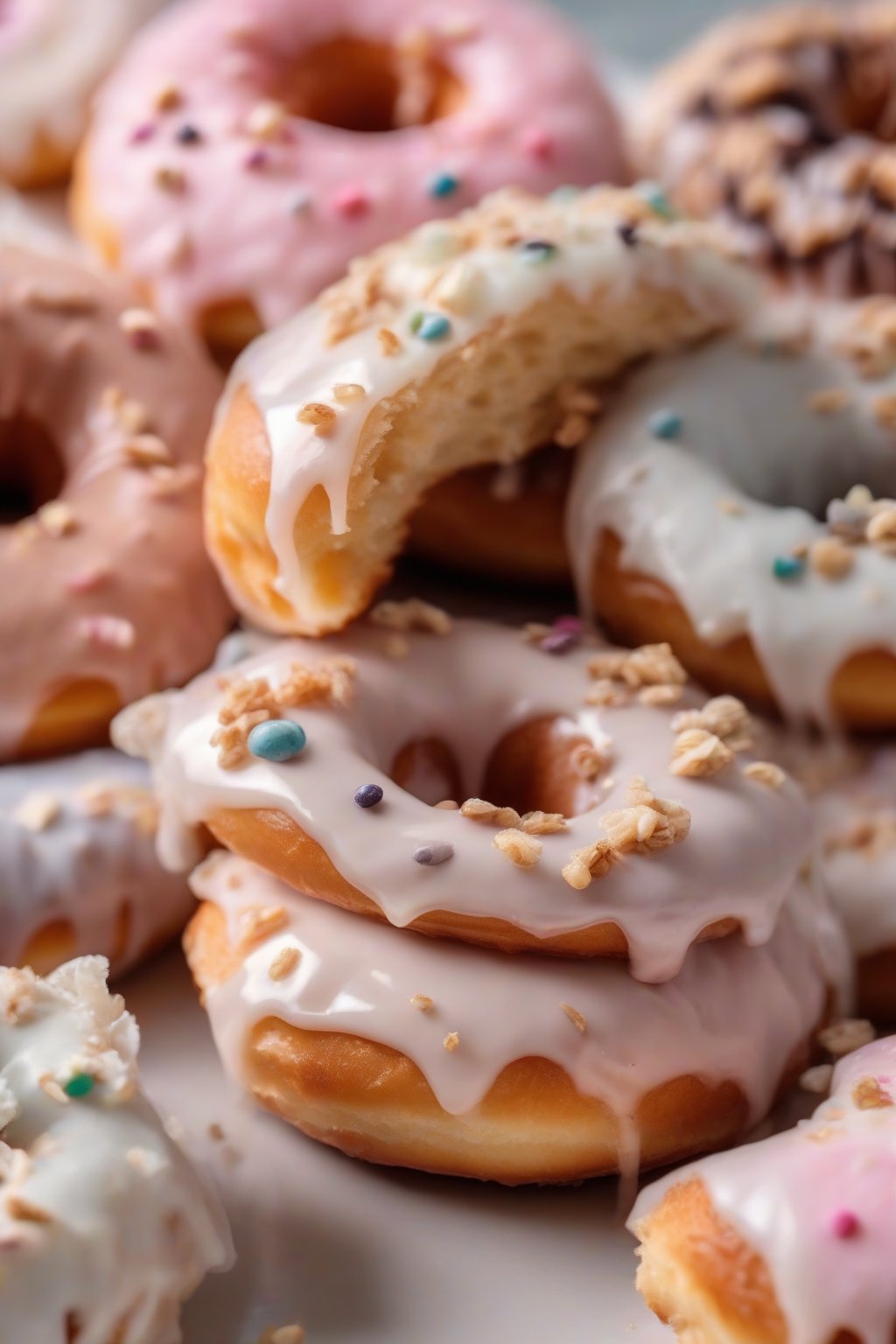 A high-resolution close-up photo of vegan fluffy donuts simply glazed, light and airy stack, under soft lighting.