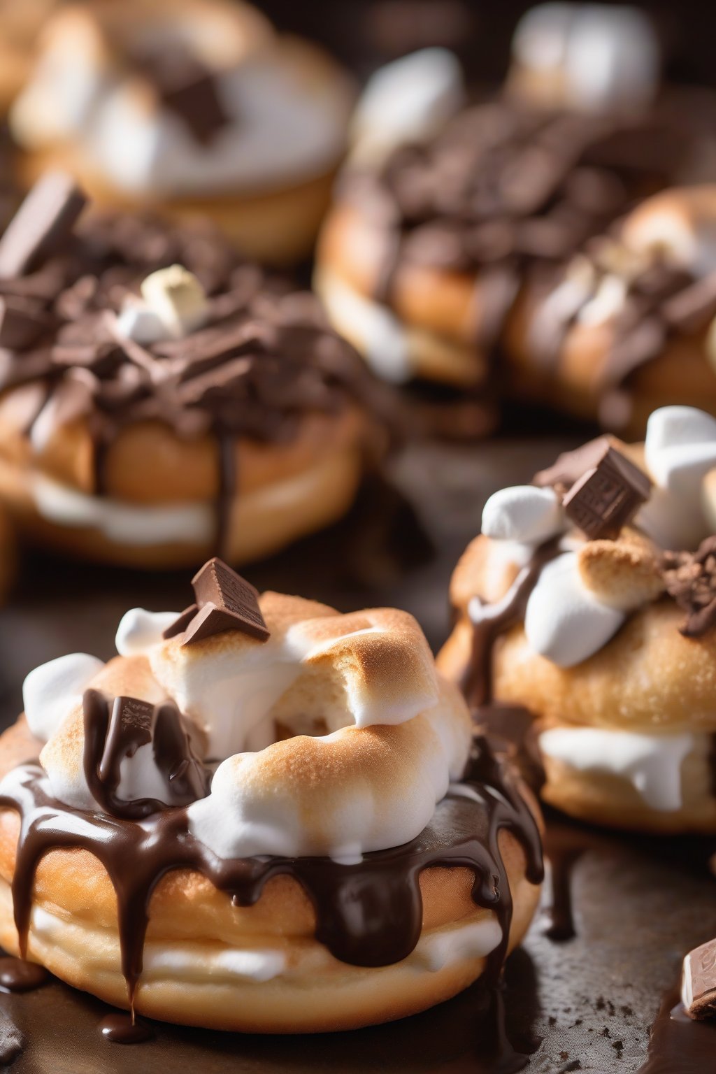 A high-resolution close-up photo of s'mores topped fluffy donuts with gooey marshmallow and chocolate, graham edges, under soft lighting.