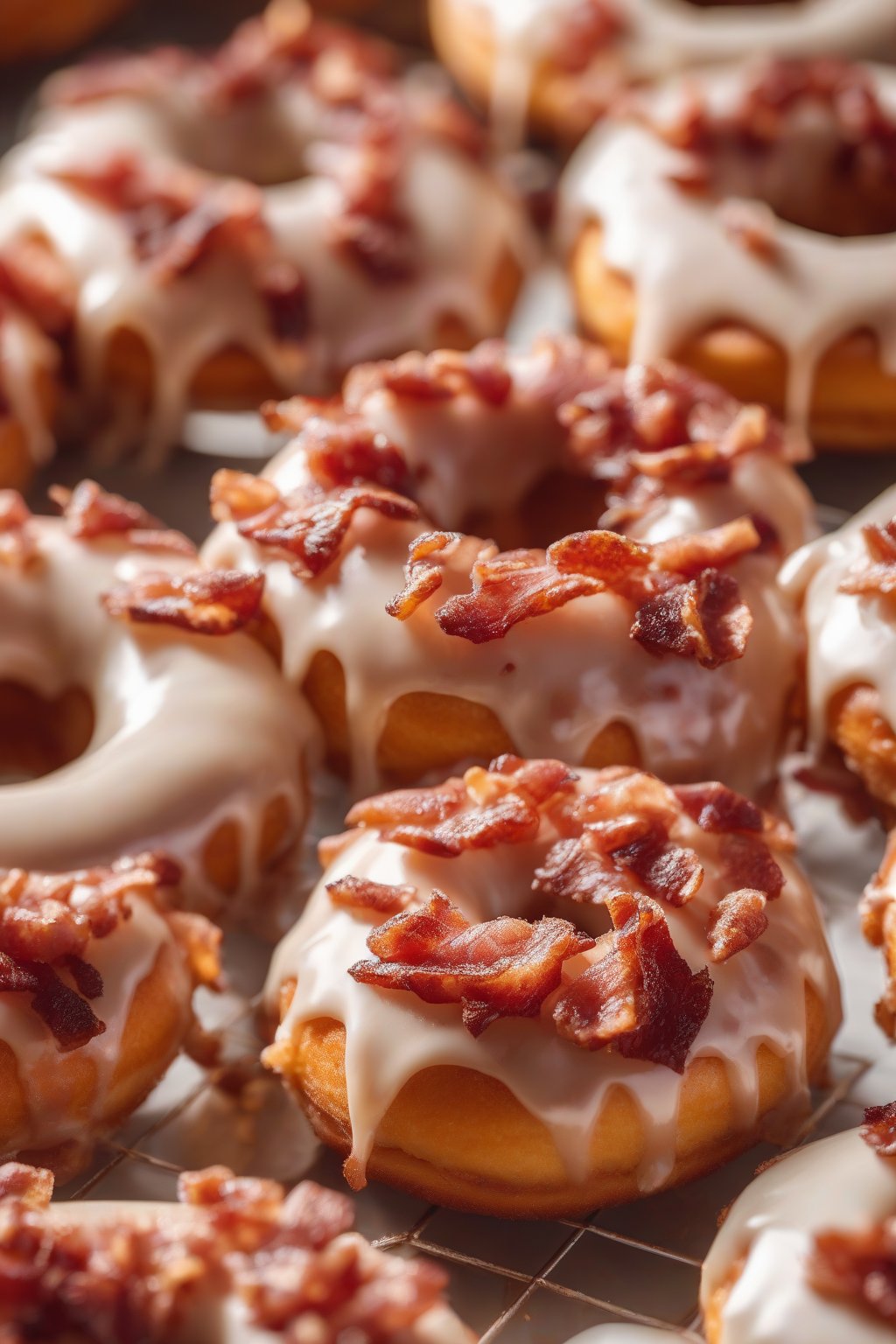 A high-resolution close-up photo of maple bacon fluffy donuts, shiny glaze and crispy bacon bits, under soft lighting.