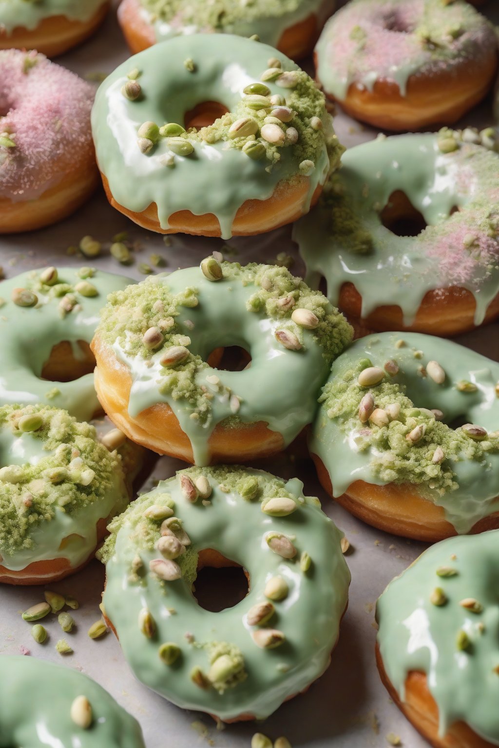 A high-resolution close-up photo of pistachio crusted fluffy donuts with pastel green glaze, sophisticated shine, under soft lighting.