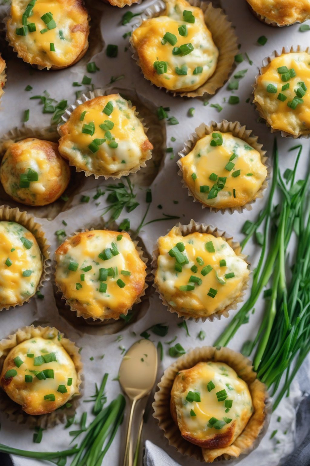 A high-resolution photo of golden fluffy cheddar herb egg bites in a muffin tin, garnished with fresh chives, under soft lighting.