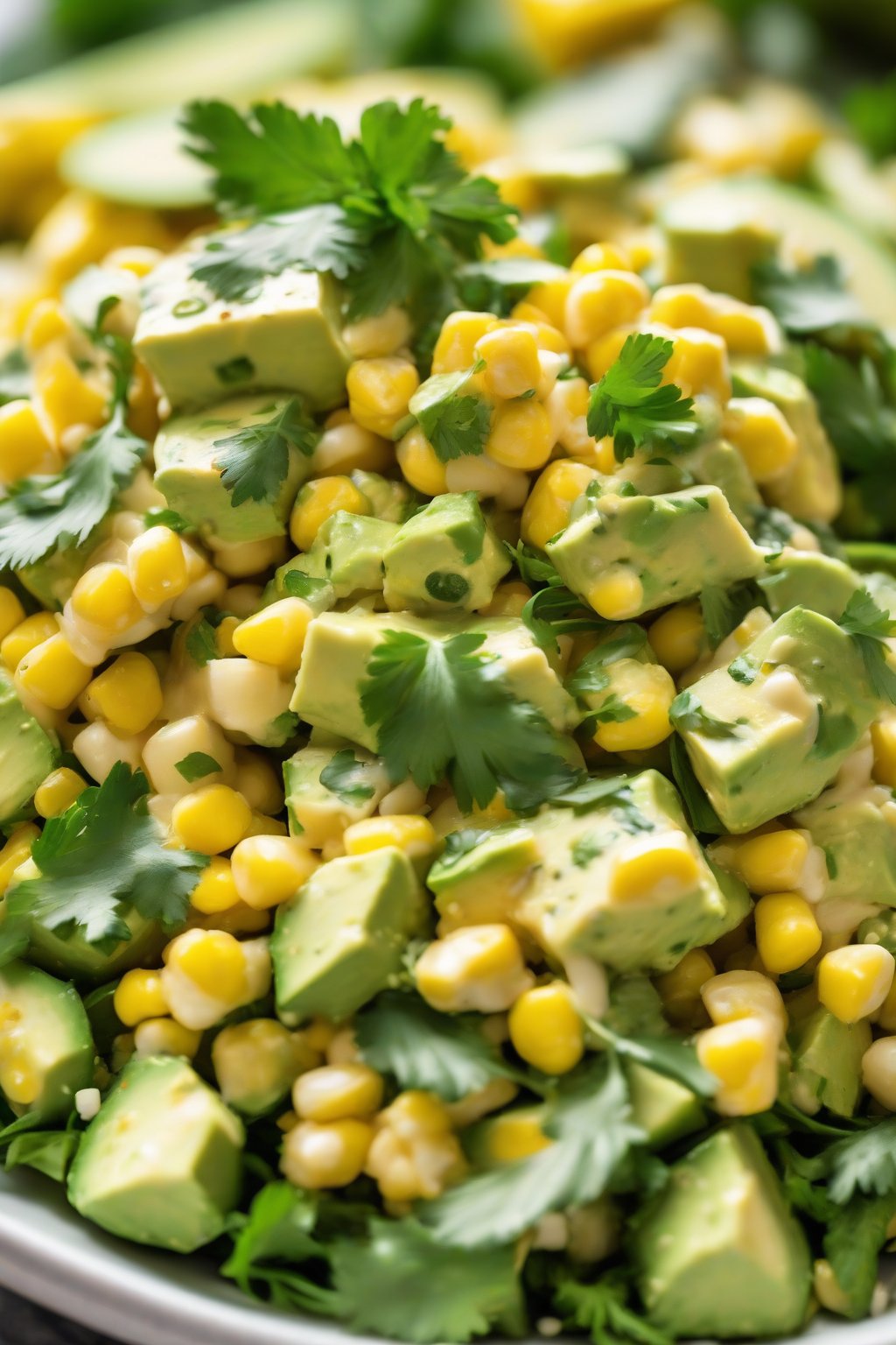 A high-resolution close-up photo of the creamy corn and avocado salad with bright cilantro flecks under soft lighting.