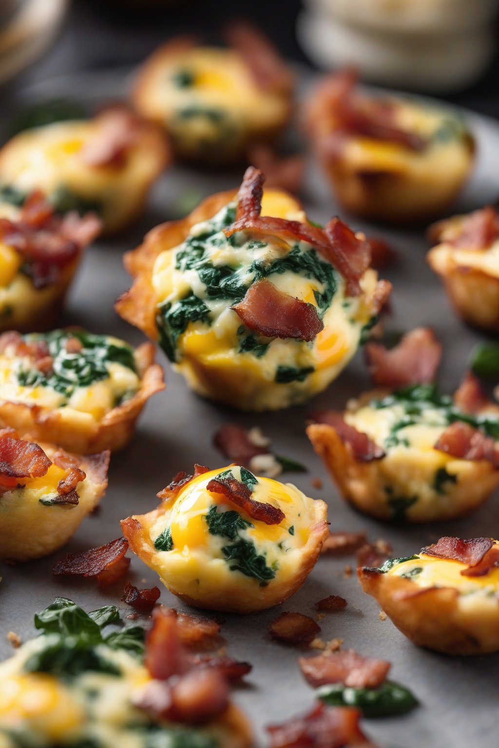 A high-resolution photo of fluffy bacon and spinach egg bites with crispy bacon bits on top, under soft lighting.