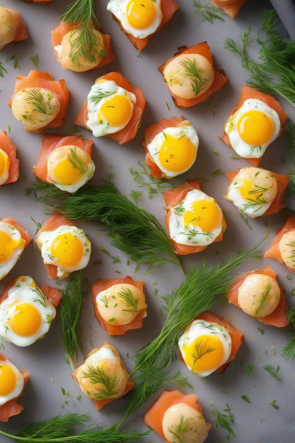 A high-resolution photo of elegant smoked salmon dill egg bites topped with a dill sprig, under soft lighting.