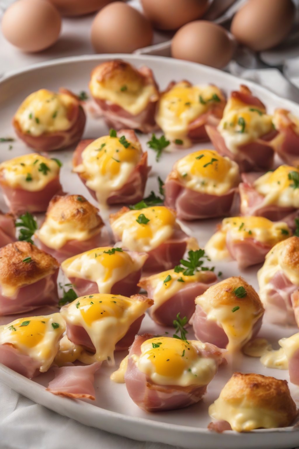 A high-resolution photo of ham and Swiss egg bites with melted cheese pull, under soft lighting.