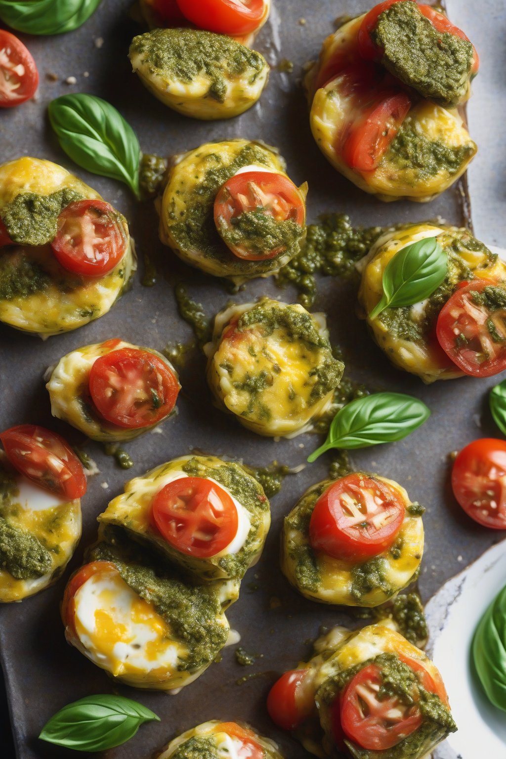 A high-resolution photo of vibrant tomato basil egg bites drizzled with pesto, under soft lighting.