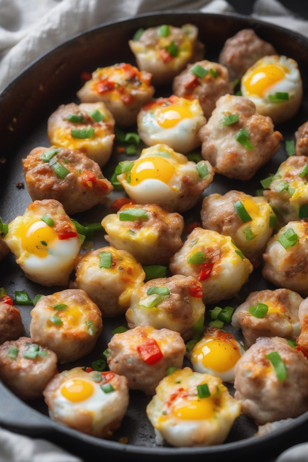 A high-resolution photo of spicy sausage and pepper fluffy egg bites, steam rising, under soft lighting.