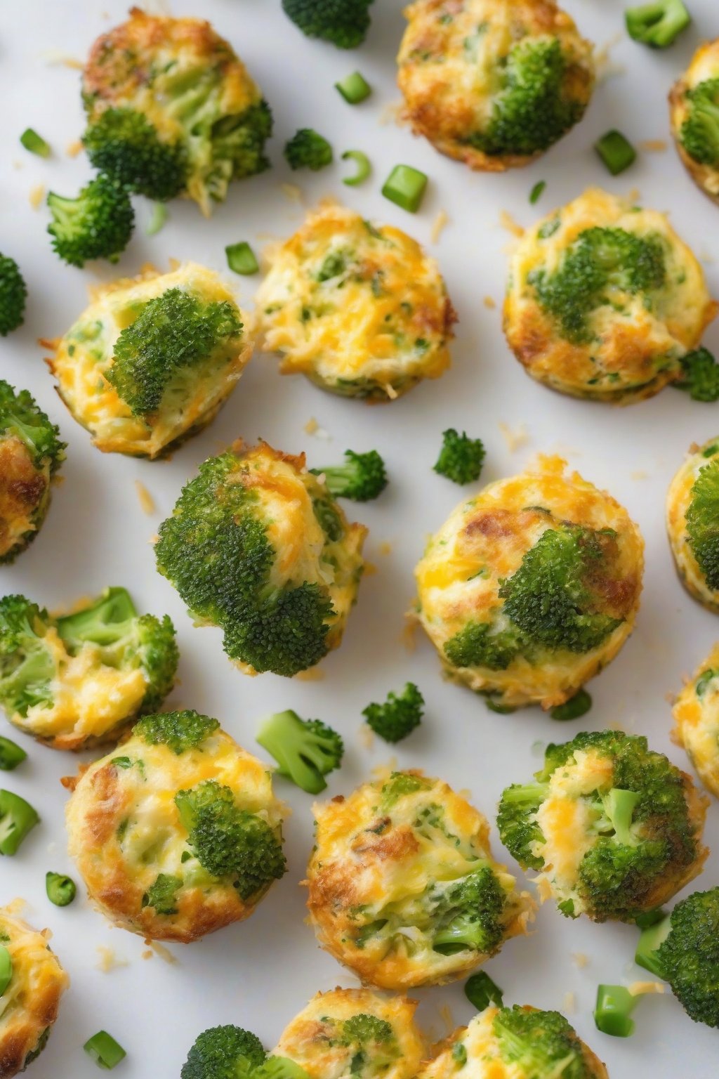 A high-resolution photo of cheesy broccoli cheddar egg bites with green flecks, under soft lighting.