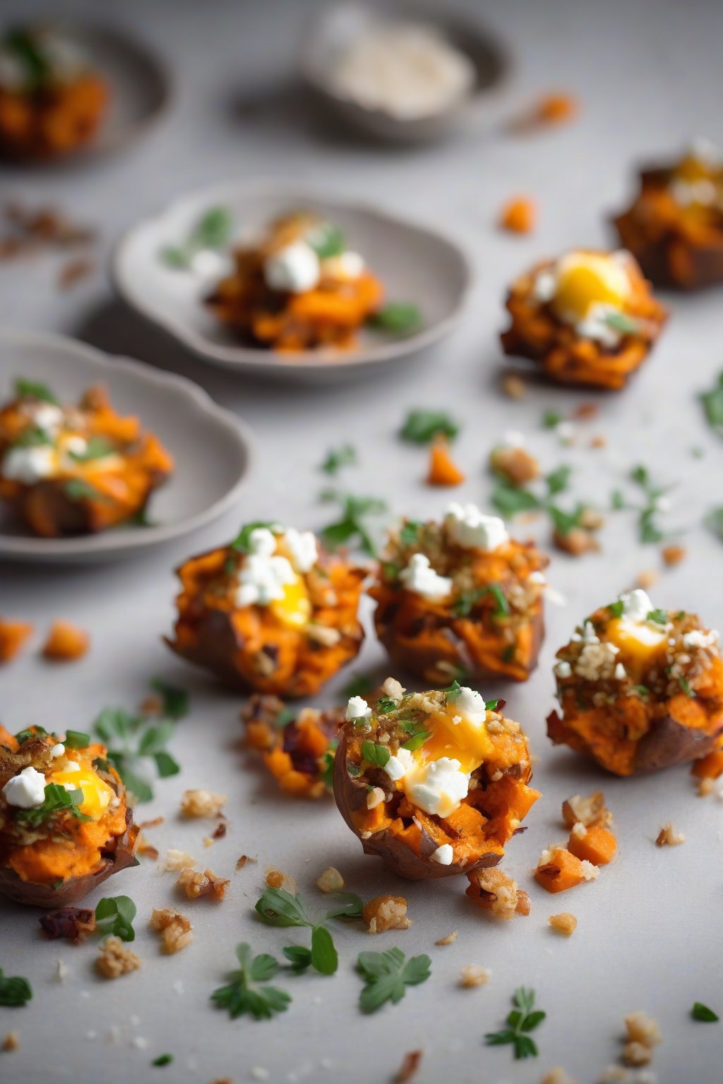 A high-resolution photo of autumnal sweet potato hash egg bites with goat cheese crumbles, under soft lighting.