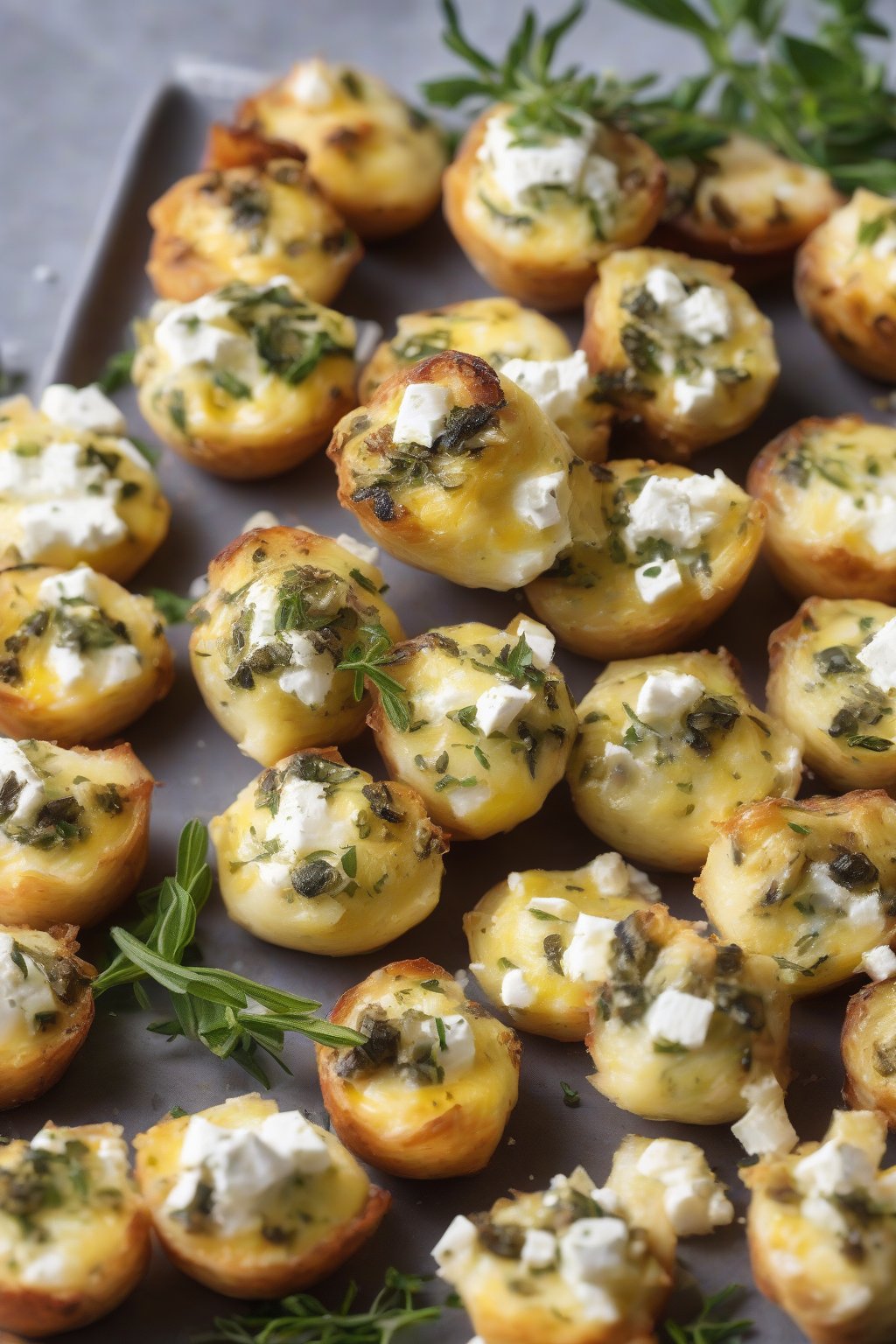 A high-resolution photo of Greek-style feta olive egg bites garnished with oregano, under soft lighting.