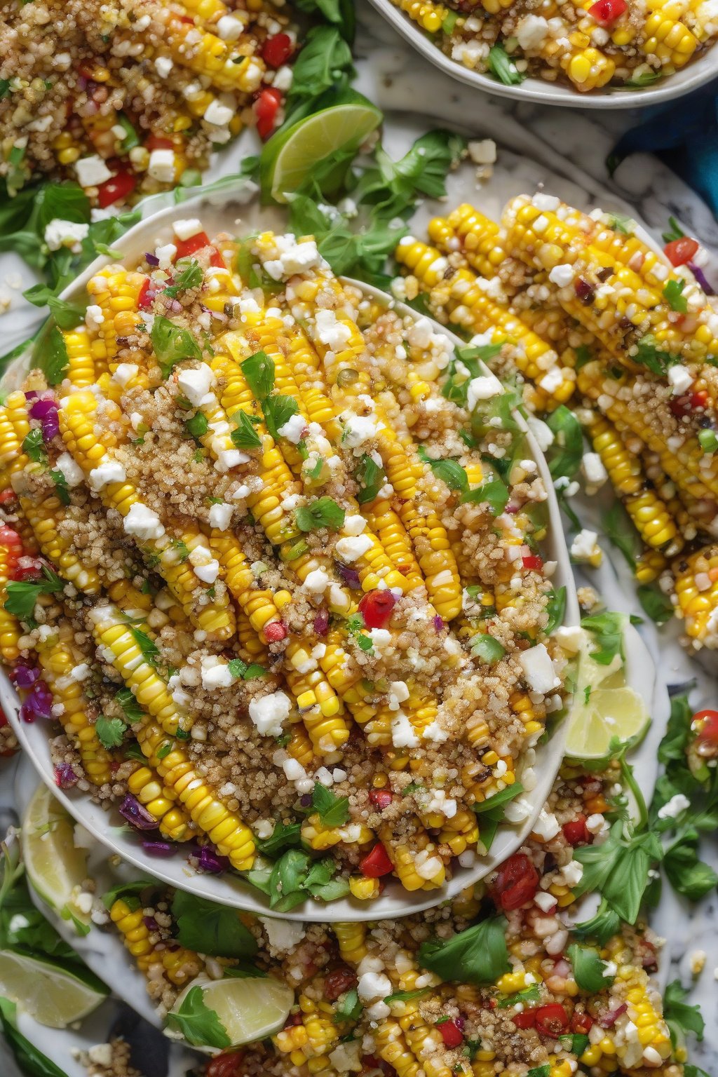 A high-resolution close-up photo of the colorful grilled corn and quinoa salad with feta crumbles under soft lighting.
