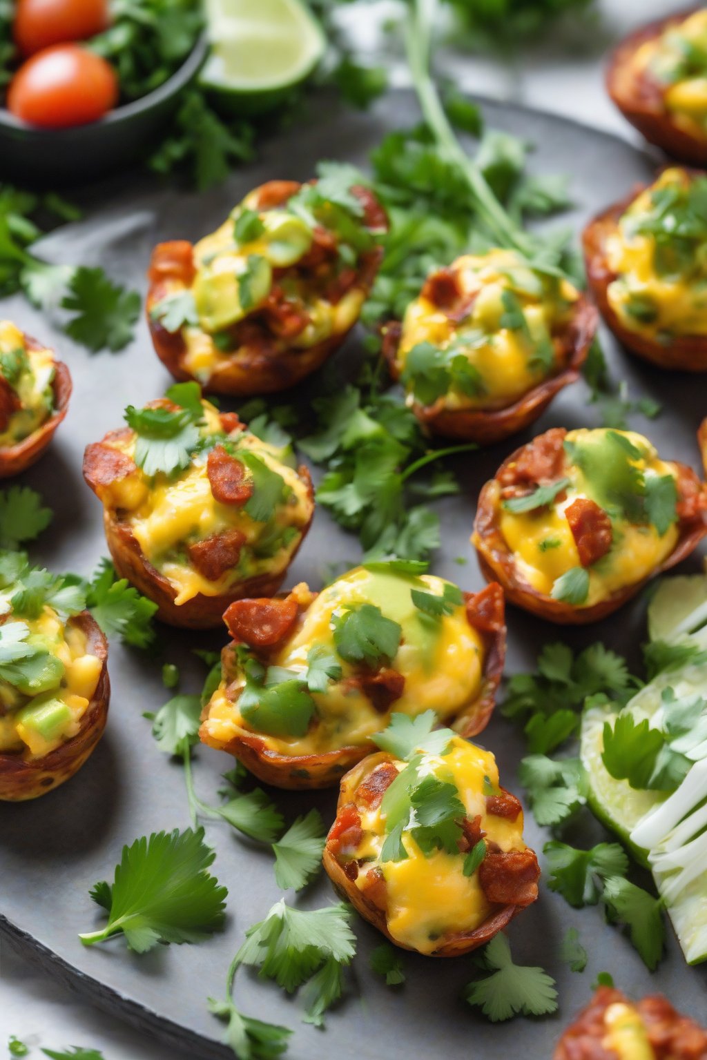 A high-resolution photo of zesty chorizo avocado egg bites topped with fresh cilantro, under soft lighting.