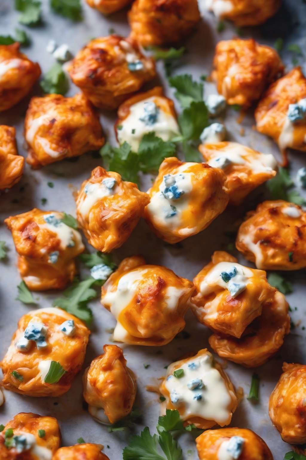 A high-resolution photo of spicy buffalo chicken egg bites with blue cheese swirl, under soft lighting.