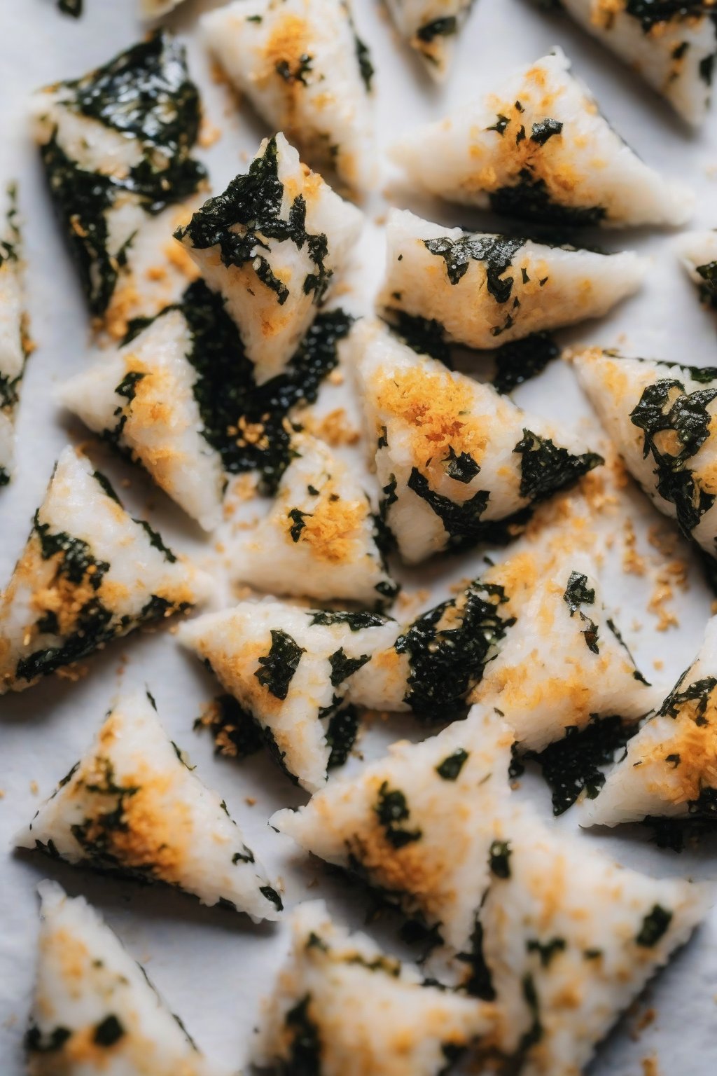 A close-up photo of golden tuna mayo onigiri triangles wrapped in nori under soft lighting.