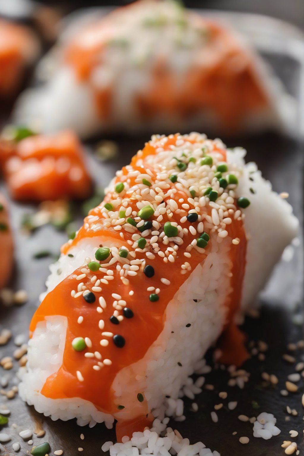 A close-up photo of fiery sriracha salmon onigiri sprinkled with sesame seeds under soft lighting.