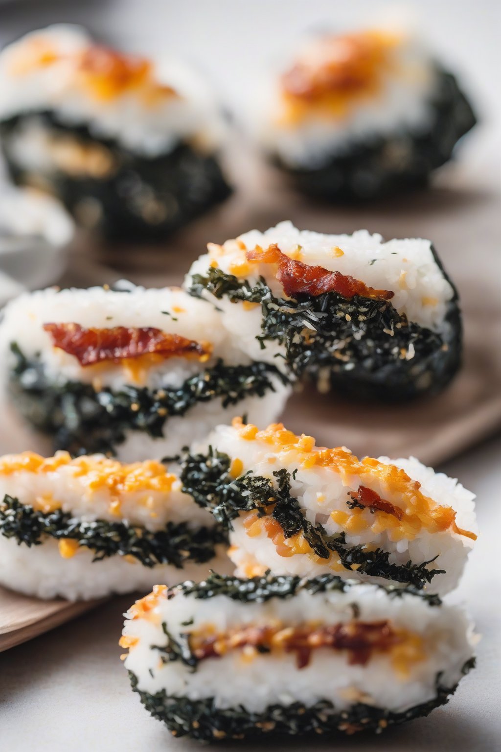 A close-up photo of gooey cheesy bacon onigiri with crispy nori edges under soft lighting.