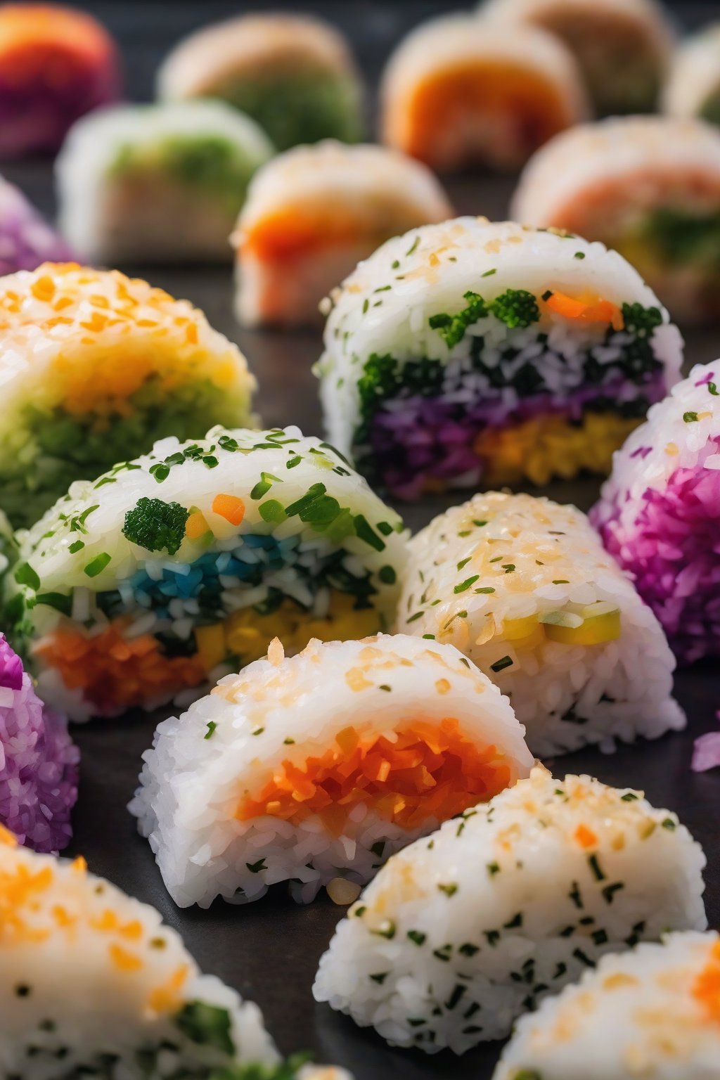 A close-up photo of vibrant veggie rainbow onigiri sliced open under soft lighting.