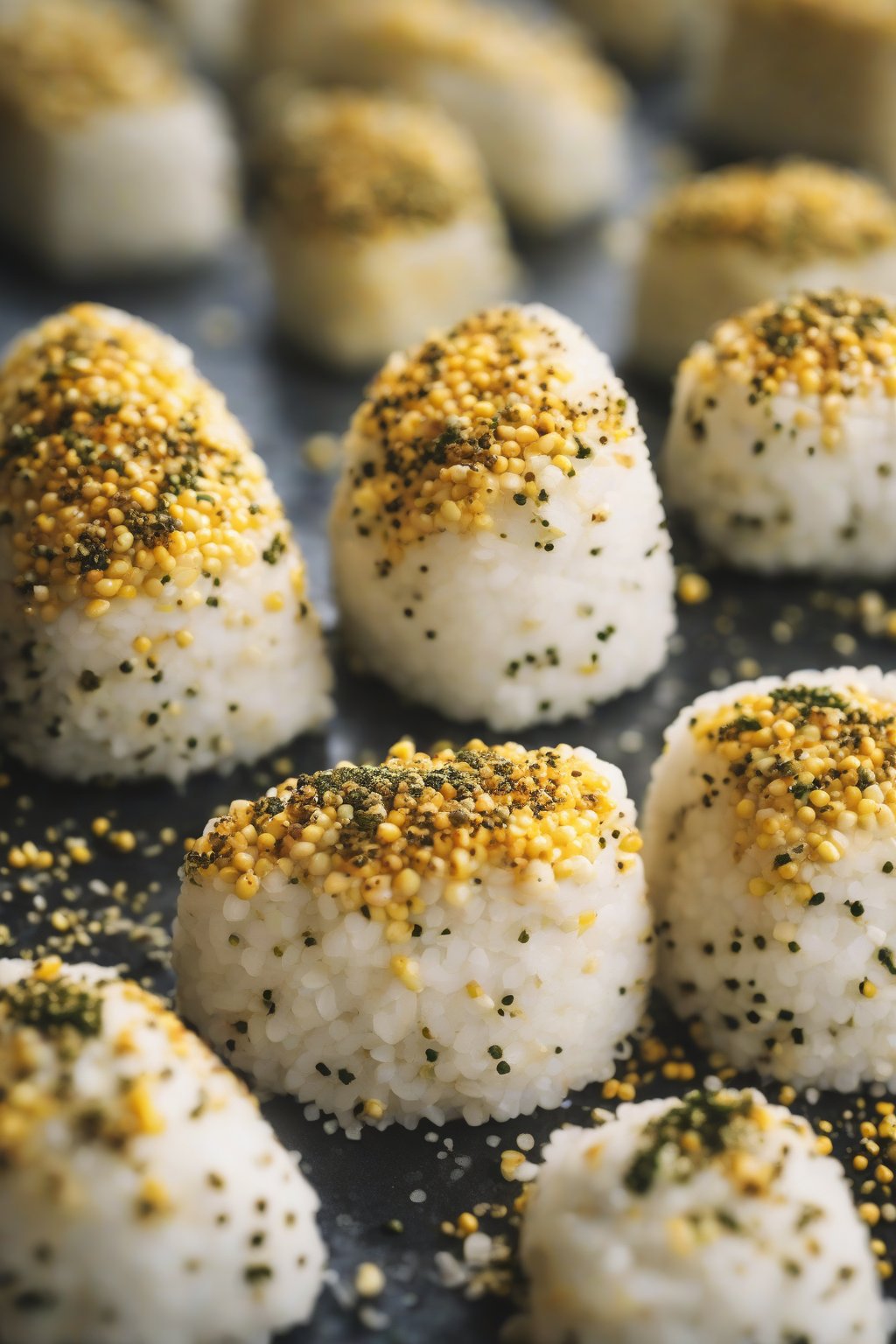 A close-up photo of buttery sweet corn onigiri dusted with furikake under soft lighting.
