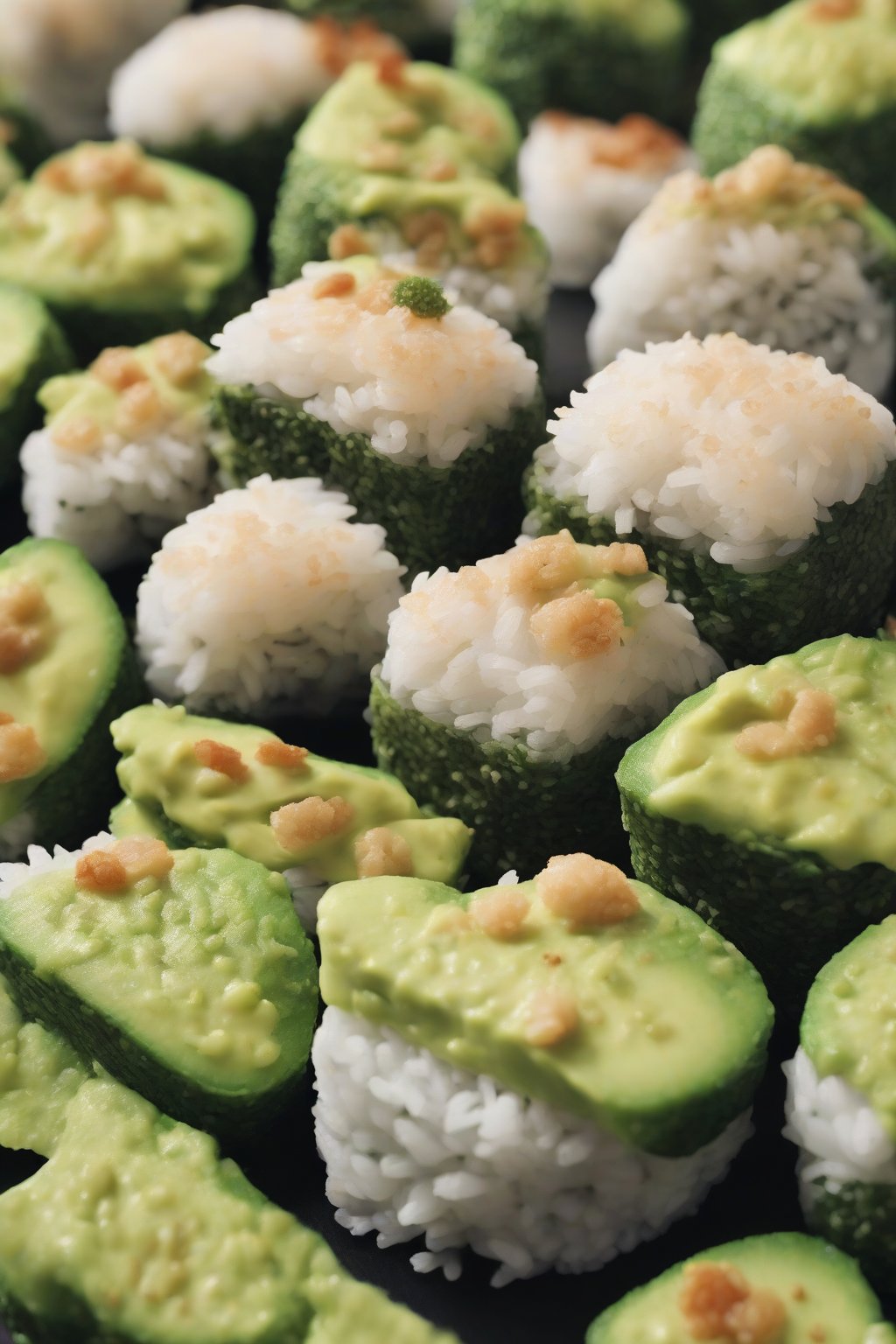 A close-up photo of creamy green avocado wasabi onigiri under soft lighting.