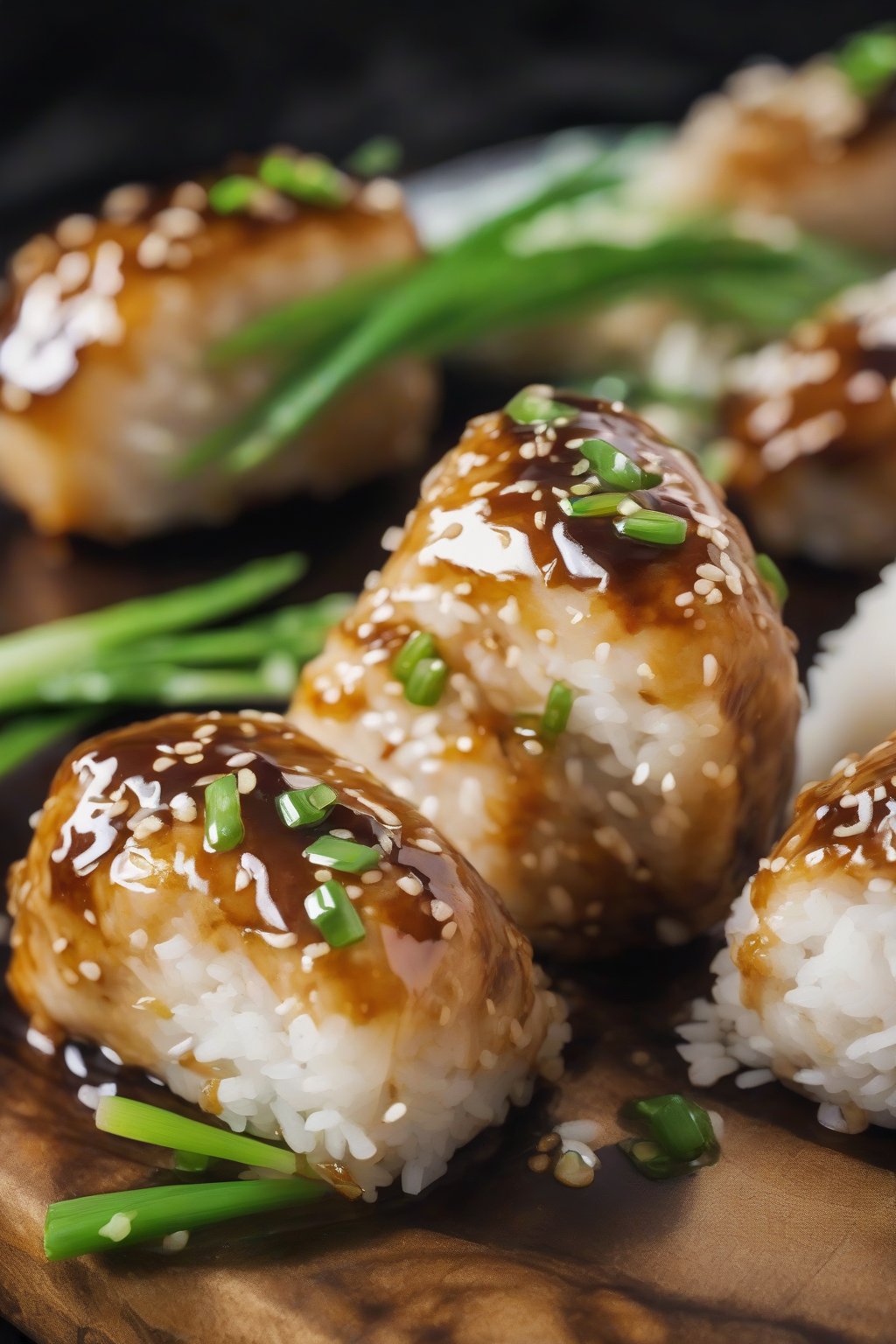 A close-up photo of glossy teriyaki chicken onigiri with green onion flecks under soft lighting.