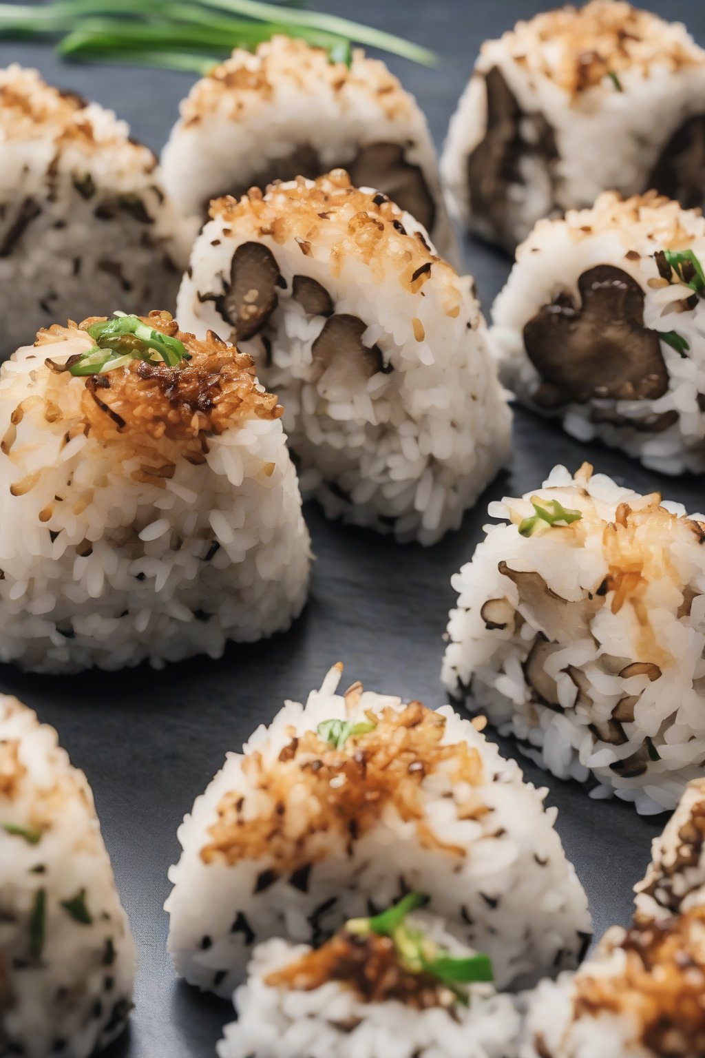 A close-up photo of savory shiitake mushroom onigiri under soft lighting.