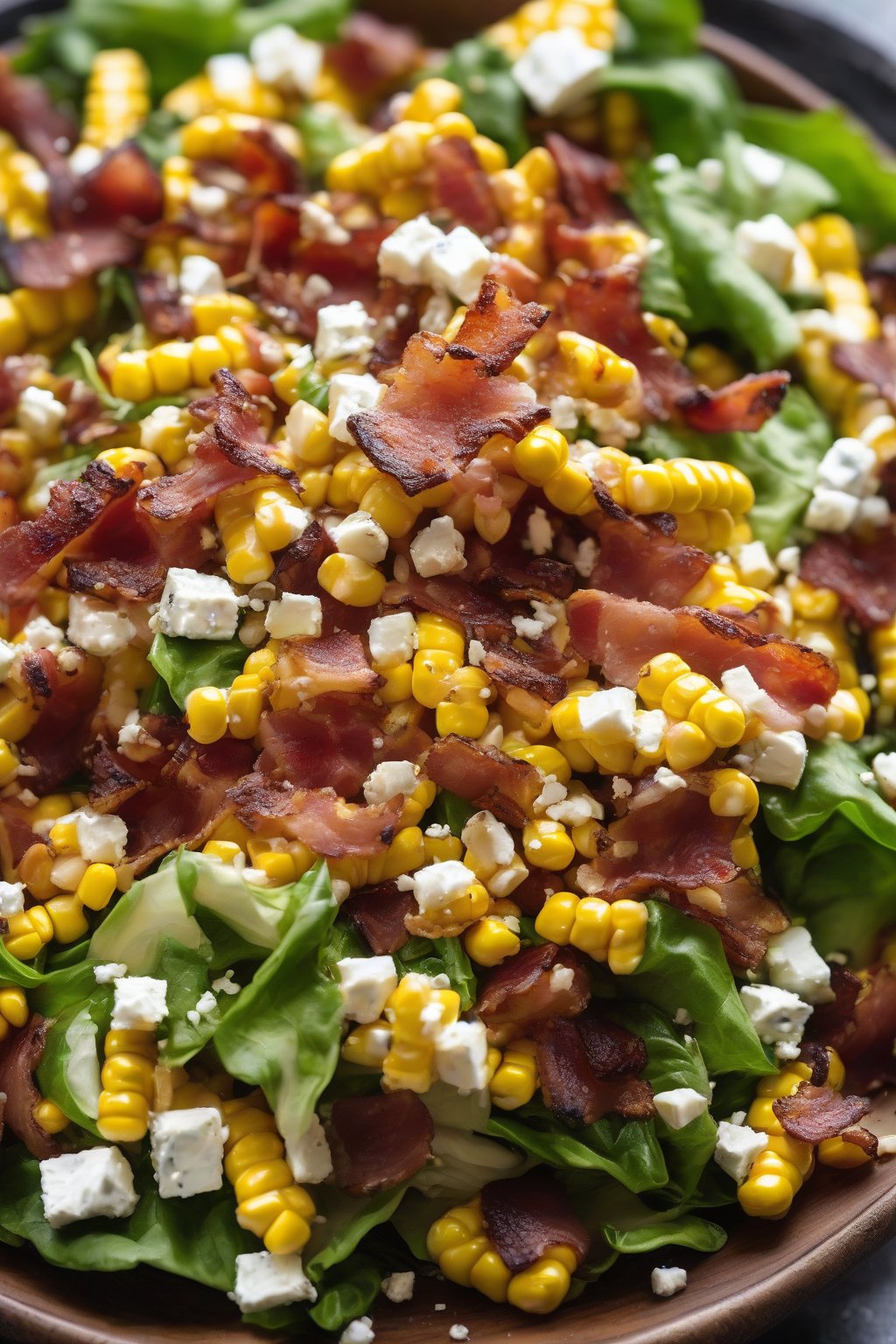 A high-resolution close-up photo of the smoky corn, bacon, and feta salad with crispy bacon bits under soft lighting.