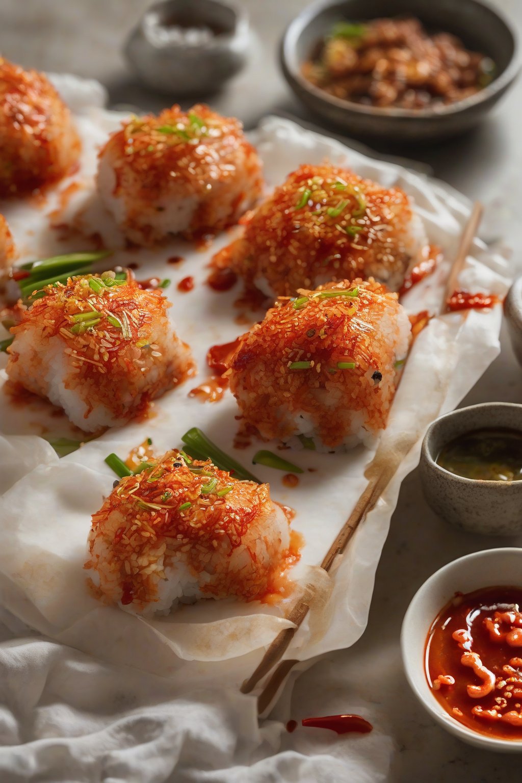 A close-up photo of spicy kimchi pork onigiri with red flecks under soft lighting.