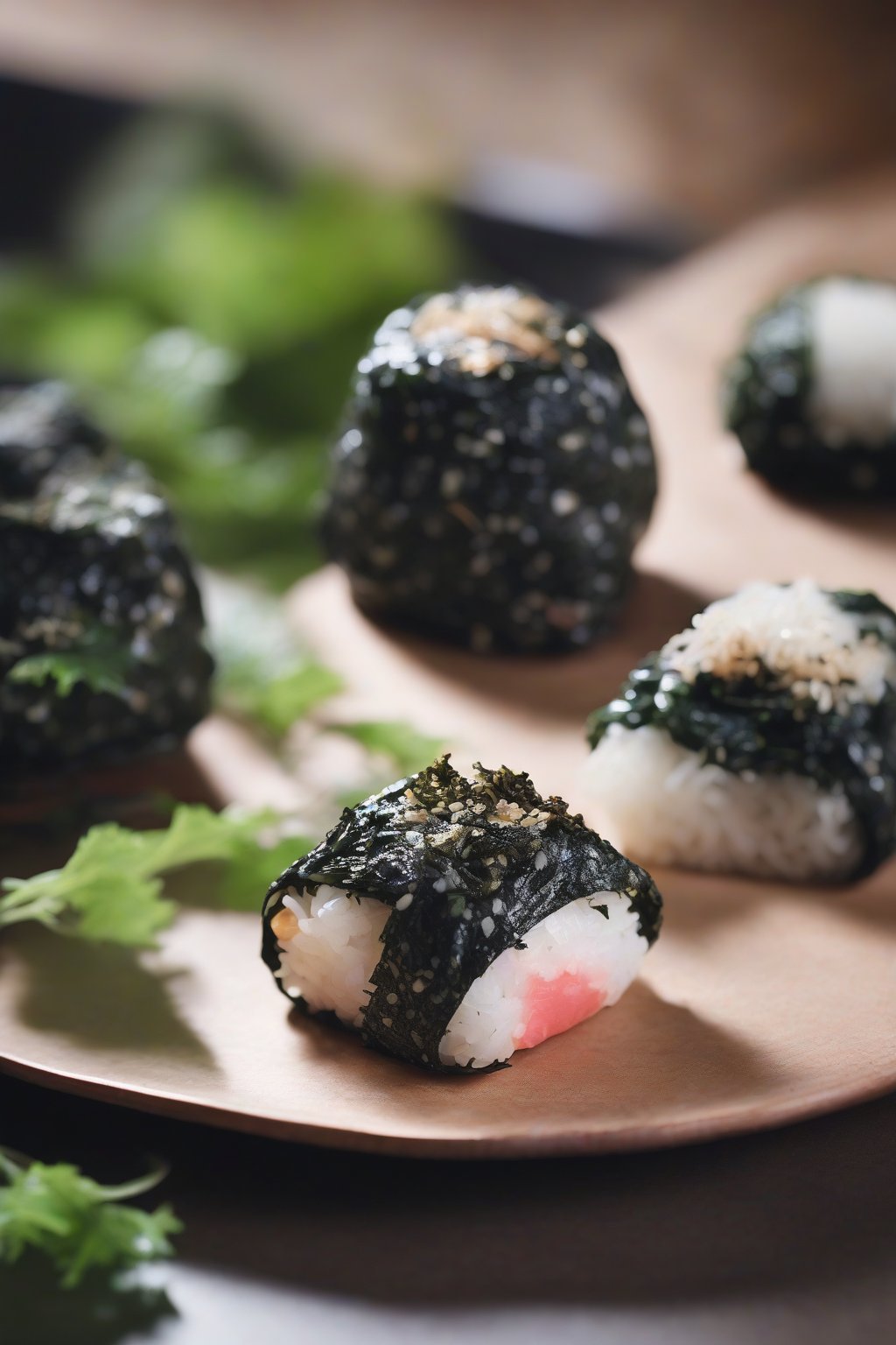 A close-up photo of tart umeboshi onigiri wrapped in shiso and nori under soft lighting.