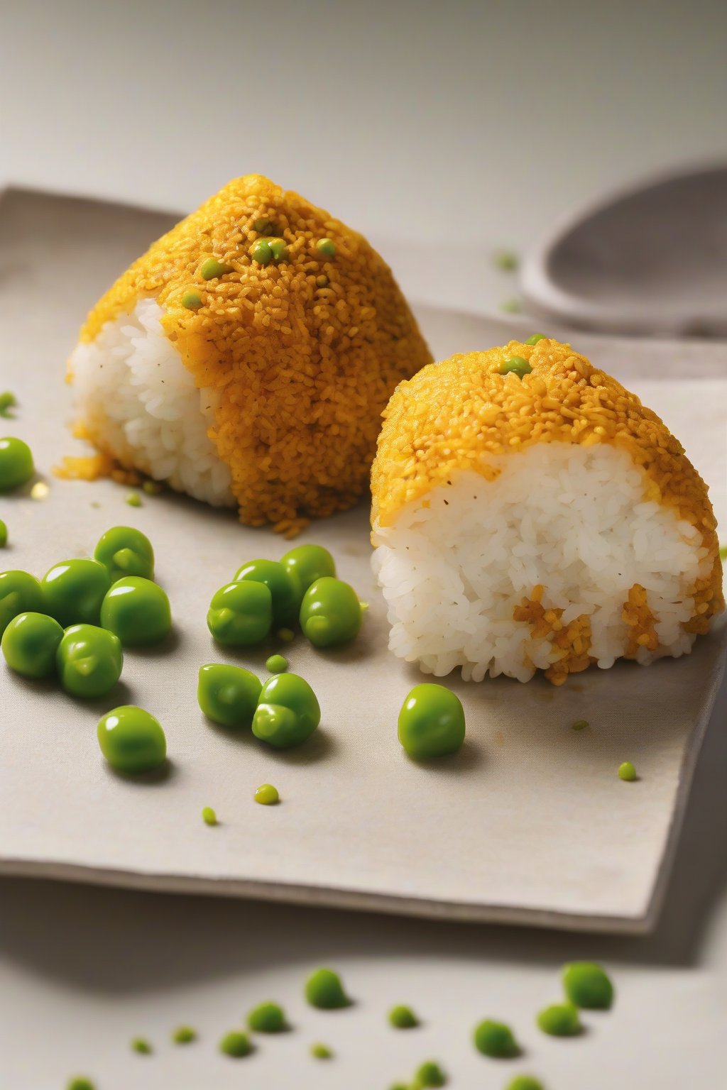 A close-up photo of golden curry-spiced onigiri with pea accents under soft lighting.