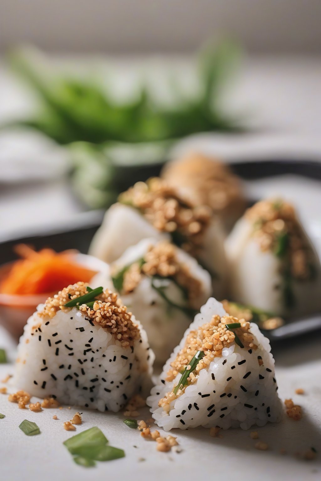A close-up photo of miso tofu onigiri with sesame crunch under soft lighting.