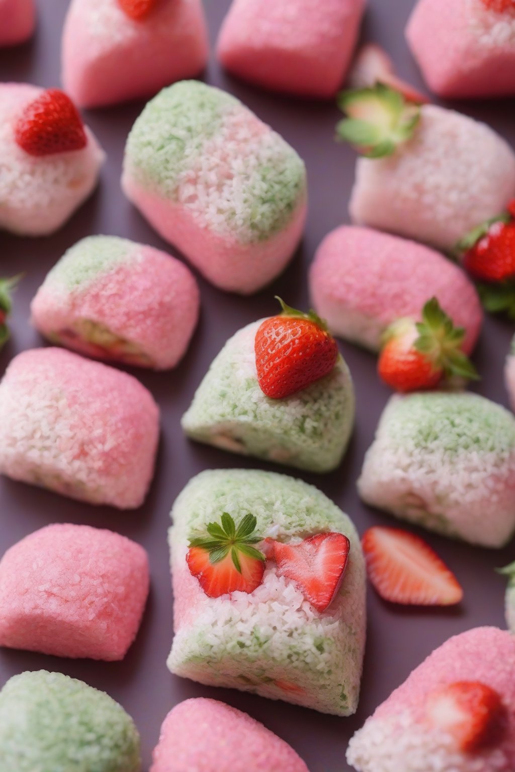 A close-up photo of pink matcha strawberry onigiri under soft lighting.