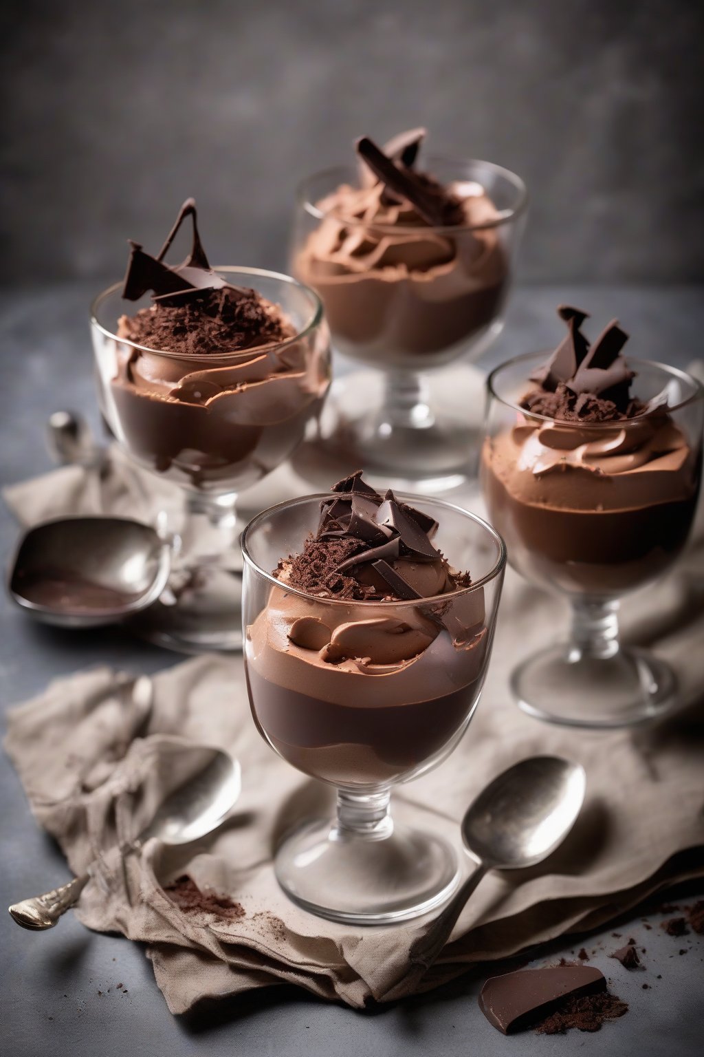 A high-resolution photo of classic French chocolate mousse in elegant glass bowls, topped with chocolate shavings, under soft lighting.