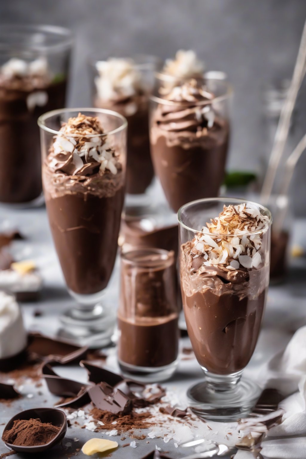 A high-resolution photo of vegan chocolate mousse swirled in parfait glasses with coconut flakes, under soft lighting.