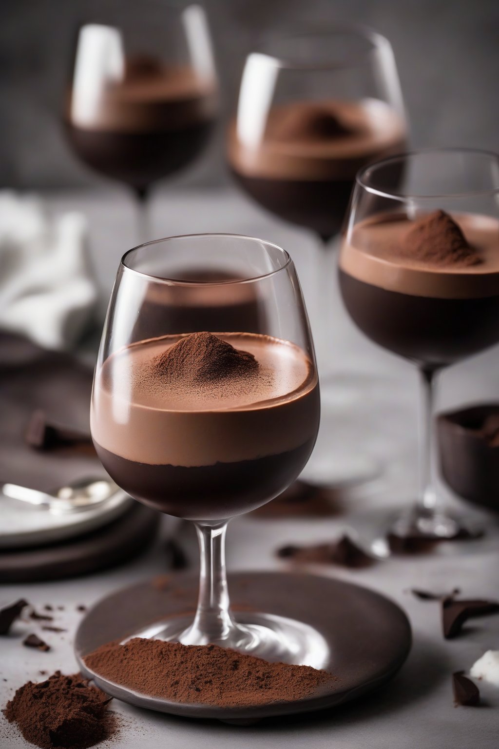 A high-resolution photo of Baileys chocolate mousse in stemless wine glasses, garnished with cocoa powder, under soft lighting.