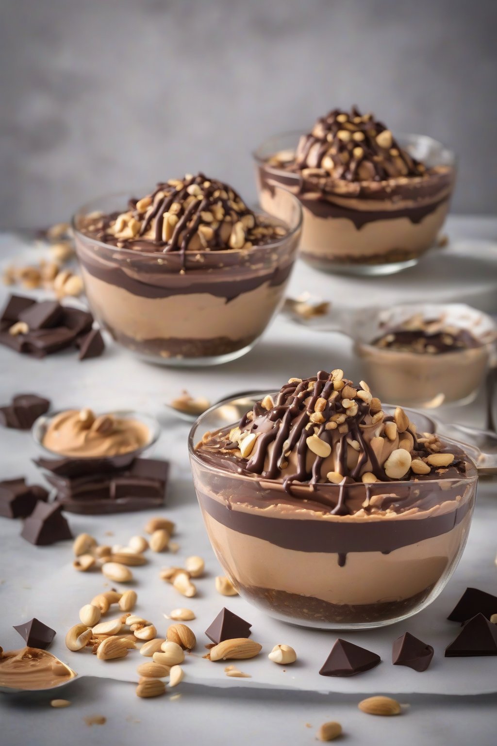 A high-resolution photo of peanut butter chocolate mousse topped with crushed peanuts and chocolate drizzle, under soft lighting.