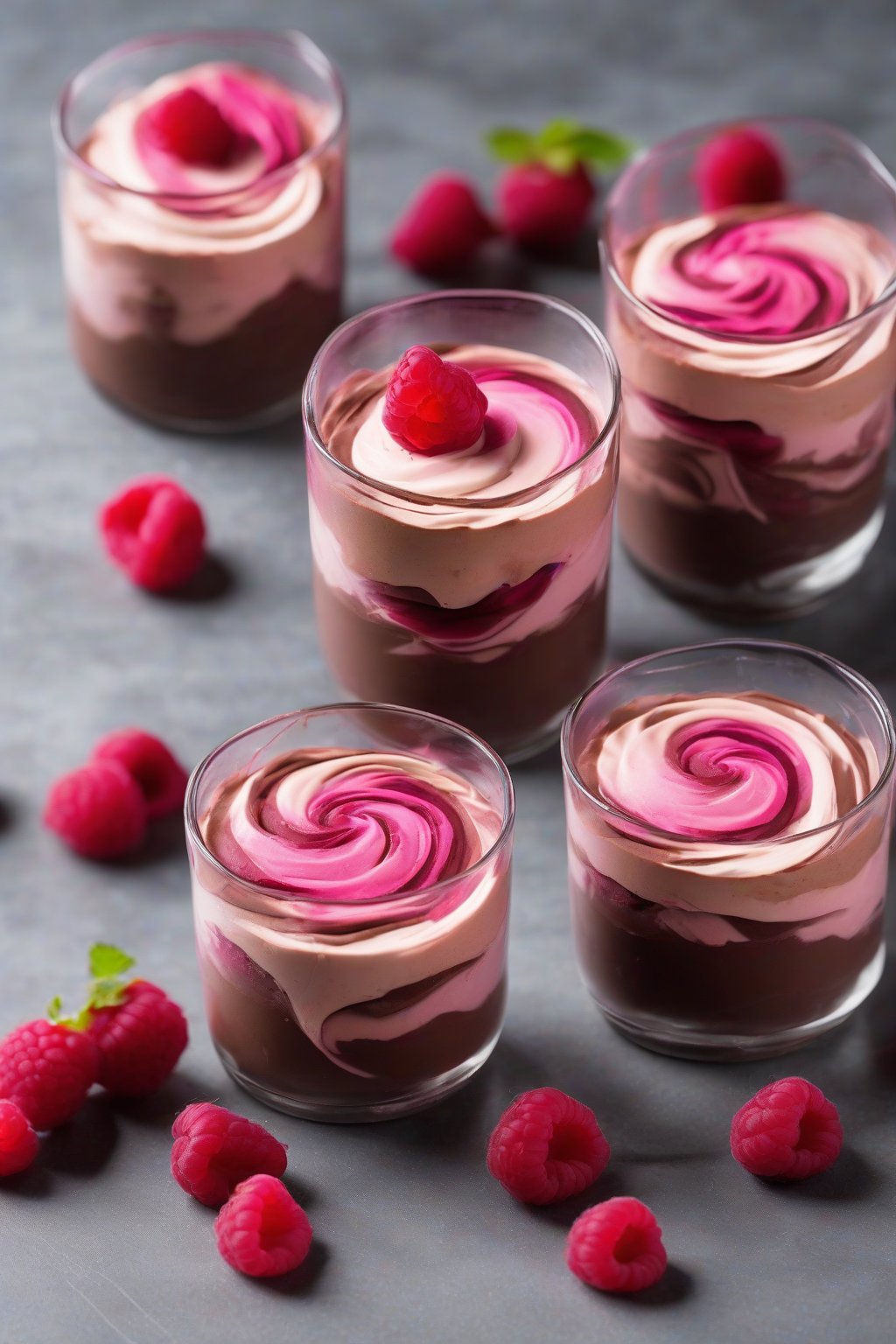 A high-resolution photo of raspberry swirl chocolate mousse in clear cups, showing vibrant pink layers, under soft lighting.